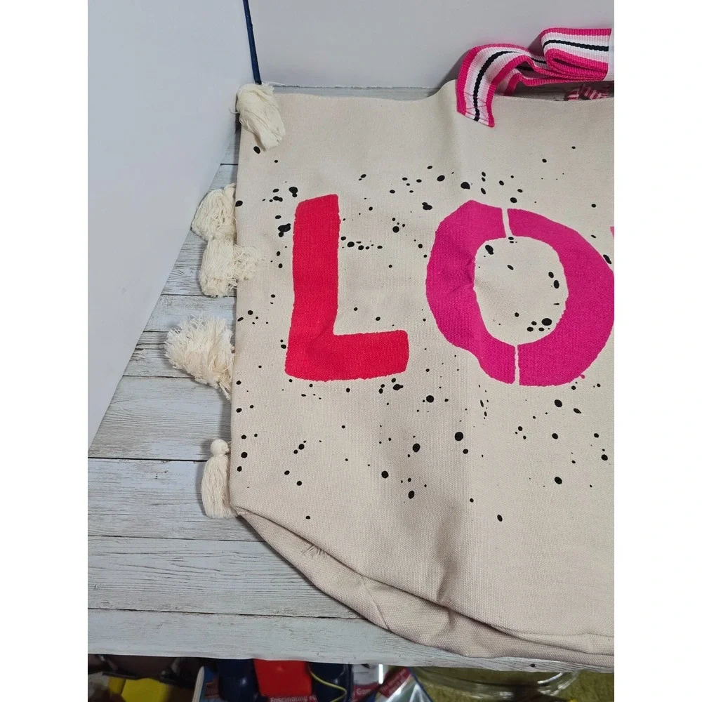 Victoria's Secret Tote Bag Large Canvas Weekender Love ‎ Beach Tassels NWT $59